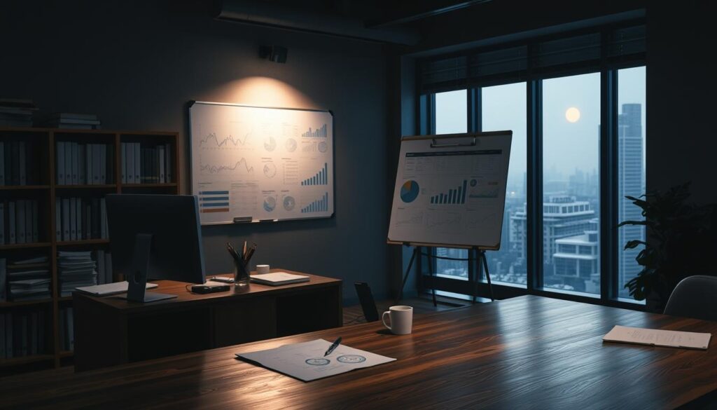 A dimly lit office setting with a large wooden desk in the foreground, adorned with a desktop computer, a stack of documents, and a pen holder. Behind the desk, a tall bookshelf filled with accounting ledgers and financial reports. In the middle ground, a whiteboard on the wall displays various financial charts and diagrams, illuminated by a warm, focused light. The background features a large window overlooking a cityscape, with a soft, hazy glow filtering through. The overall atmosphere conveys a sense of analytical focus, precision, and the importance of financial management and control.