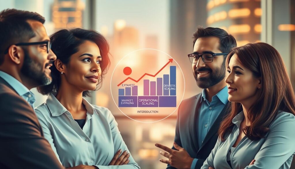 A dynamic illustration of the core principles of small and medium enterprise (SME) growth strategy. In the foreground, a group of diverse business leaders engaged in thoughtful discussion, their expressions conveying determination and vision. In the middle ground, a stylized graph or chart visualizing the key elements of a growth plan - market expansion, operational scaling, and international diversification. The background features a blurred cityscape, representing the broader economic landscape in which SMEs operate. Warm, focused lighting emanates from the central figures, casting an aura of strategic clarity. The composition is balanced, with a sense of forward momentum and collaborative energy, reflecting the act of "introducing" a holistic growth strategy for SMEs.