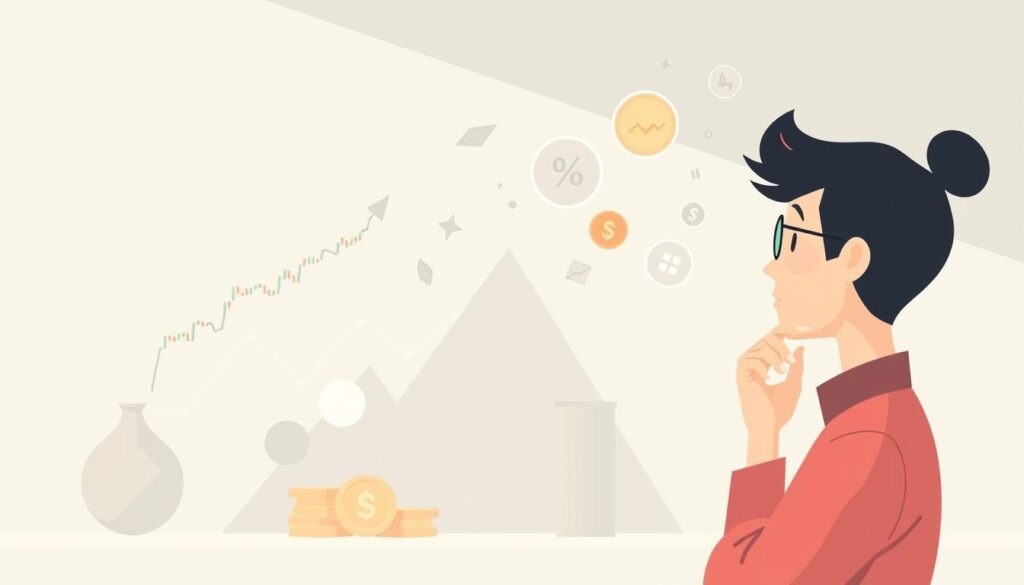 A modern and minimalist illustration of the concept of "investing". In the foreground, a stylized human figure thoughtfully considering various financial symbols - stock charts, coins, and investment graphs. The middle ground features clean geometric shapes and patterns, representing the diverse investment options. The background has a subtle gradient, conveying a sense of balance, stability, and growth. The lighting is soft and diffused, creating a calm, contemplative atmosphere. The overall composition is designed to visually communicate the essence of investing in a clear, accessible manner.
