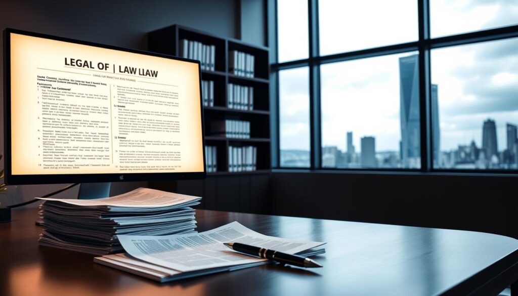 A modern office setting with a computer monitor displaying legal documents and legislation, the screen illuminated by a warm, focused light. In the foreground, a desk with carefully organized stacks of papers and a pen poised, suggesting an active review of the new laws. The middle ground features a sleek, minimalist bookshelf filled with legal volumes, casting subtle shadows across the scene. The background showcases a large window overlooking a cityscape, the skyline hinting at the broader context of the legal changes. The overall atmosphere conveys a sense of diligence, attention to detail, and the importance of staying up-to-date with the evolving legal landscape for business owners.