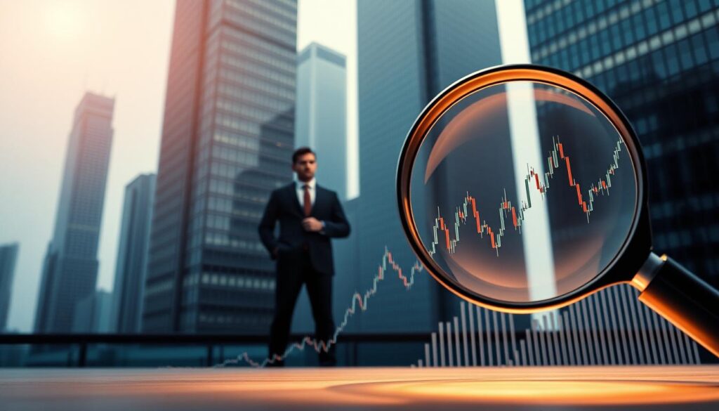 A sophisticated rendering of financial risk management. In the foreground, a magnifying glass hovers over a graph displaying stock market data, casting a focused light on the intricate web of financial decisions. In the middle ground, a pensive businessman stands amidst a backdrop of towering skyscrapers, contemplating strategies to navigate the dynamic economic landscape. The scene is bathed in a warm, subdued lighting, conveying a sense of contemplation and diligence. Subtle hues of blue and gray create a calming, professional atmosphere, while the angular, geometric architecture suggests the precision and complexity inherent in financial risk management.