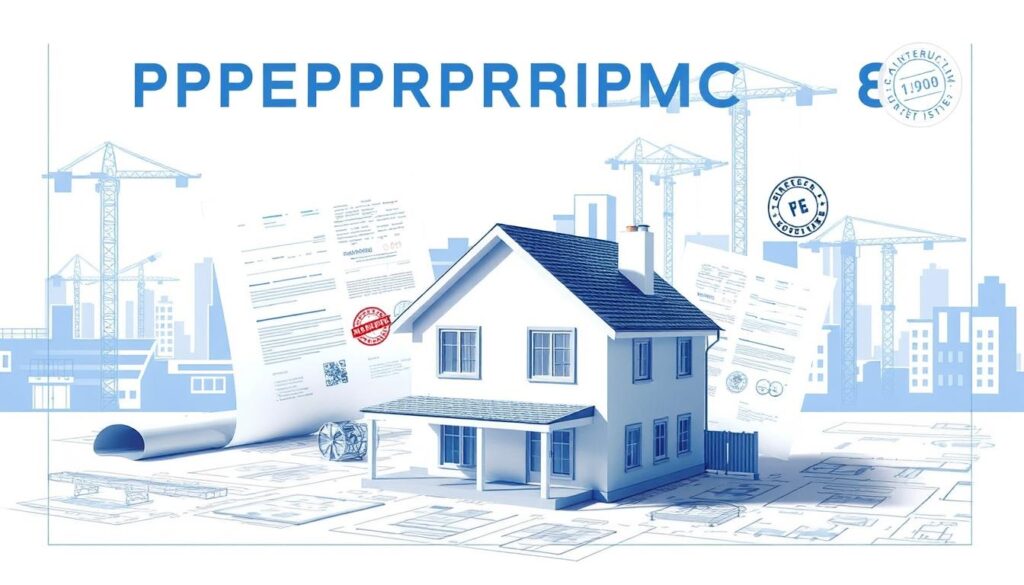 A blueprint-style architectural illustration showcasing the key steps and documentation involved in the construction permitting process. The scene depicts a two-story residential home in the foreground, surrounded by technical drawings, forms, and official stamps in the middle ground. In the background, a cityscape with construction cranes and buildings provides context. The lighting is clean and technical, with a focus on the details of the paperwork. The overall mood is informative and organized, conveying the importance of navigating the bureaucratic requirements for building a home.