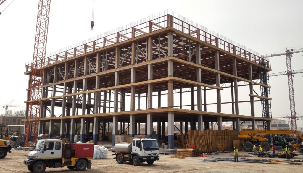 A construction site bustling with activity, with workers diligently coordinating their tasks. In the foreground, a crane lifts heavy materials, while construction vehicles move about, transporting supplies. The middle ground showcases the framework of a building, its skeletal structure rising against a bright, overcast sky. In the background, a neatly organized array of construction equipment and tools, meticulously arranged for efficient use. The scene conveys a sense of order and control, with a focus on safety protocols and well-planned logistics. Soft, diffused lighting casts a warm, productive atmosphere over the entire scene.