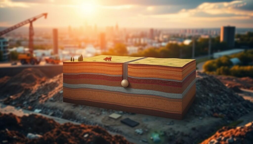 A geological cross-section depicting the importance of geotechnical surveys. In the foreground, a construction site with excavators and workers, highlighting the need for understanding the subsurface conditions. The middle ground showcases a detailed illustration of soil layers, rock formations, and groundwater levels, revealing the complexities of the site. In the background, a cityscape or landscape, emphasizing the broader context in which these geotechnical investigations take place. The scene is illuminated by warm, natural lighting, creating a sense of depth and clarity. The overall tone conveys the critical role geotechnical assessments play in ensuring the stability and safety of building foundations.