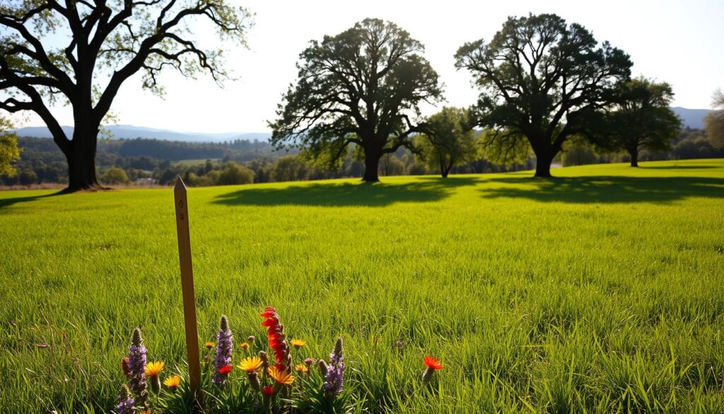 A serene, sun-dappled meadow, with lush green grass and a gentle rolling landscape. In the foreground, a surveyor's stake stands upright, marking the boundary of a potential building lot. Surrounding it, a scatter of wildflowers in vibrant hues - a palette of reds, yellows, and purples. In the middle ground, a line of mature oak trees frame the scene, their branches casting dappled shadows across the ground. Beyond, the horizon is dotted with the silhouettes of distant hills, hazy in the warm afternoon light. The overall mood is one of contemplation and possibility, inviting the viewer to envision the potential of this plot of land.