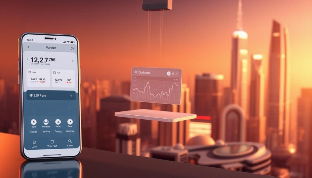 A stylish and modern digital finance illustration. In the foreground, a sleek metal smartphone displays a clean mobile banking interface with elegant typography and intuitive icons. In the middle ground, a minimalist digital ledger hovers, showing seamless data visualizations of financial trends and transactions. The background features a futuristic cityscape of gleaming skyscrapers, hinting at the technological advancement and global connectivity of the digital finance industry. The scene is illuminated by warm, diffused lighting, creating a sense of sophistication and innovation. The overall mood conveys the efficiency, security, and accessibility of 21st-century digital financial services.