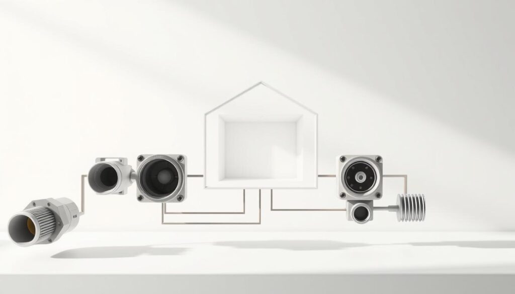 A detailed schematic diagram of a typical utility connection interface, showcasing the key components and their spatial relationships. The foreground displays the various inlets and outlets, including electrical, water, gas, and fiber optic connections, meticulously rendered with technical precision. The middle ground features a clean, minimalist architectural backdrop, emphasizing the engineering principles behind the design. The lighting is soft and even, casting subtle shadows that accentuate the three-dimensional depth of the scene. The overall atmosphere conveys a sense of functional elegance, highlighting the importance of these essential utility access points in modern infrastructure.