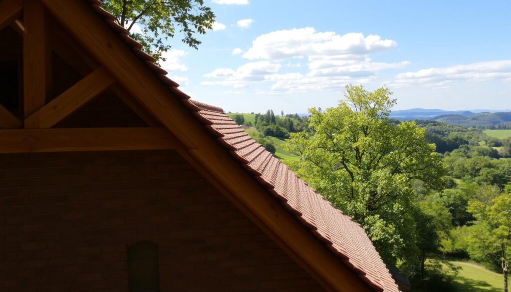 A picturesque, wide-angle view of a gable-roofed house, its pitched roof commanding the foreground. The roof's structure is clearly visible, with sturdy timber beams and tiling in a warm hue that complements the brick facade. Dappled sunlight filters through, casting soft shadows and highlights that accentuate the roof's form and texture. In the background, a lush, verdant landscape unfolds, with trees and distant hills creating a serene, pastoral atmosphere. The overall scene conveys a sense of architectural harmony, function, and the importance of the roof as a vital component in a home's design and construction.