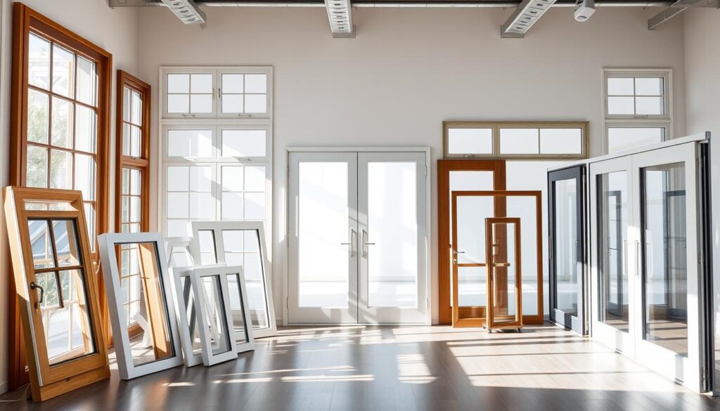 A well-lit, high-resolution image showcasing an array of modern window and door designs, prominently displayed in a showroom-like setting. The foreground features a selection of stylish, energy-efficient windows in various sizes, materials, and finishes, including wood, PVC, and aluminum. In the middle ground, a range of sleek, contemporary door models in diverse styles, such as sliding, hinged, and French doors, are showcased. The background subtly depicts a minimalist, well-lit interior space, allowing the windows and doors to take center stage. The overall composition conveys a sense of sophisticated style, quality craftsmanship, and the importance of thoughtful selection when it comes to windows and doors.
