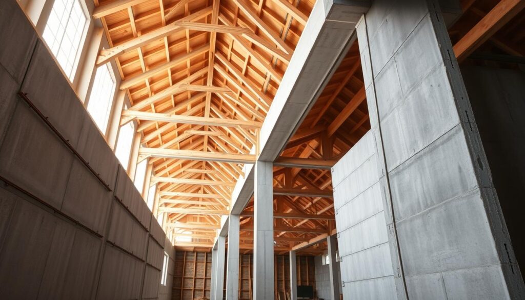 A well-lit, wide-angle view of an architectural interior showcasing the construction of load-bearing walls and ceilings. In the foreground, a detailed cross-section of a reinforced concrete wall, highlighting the rebar and concrete composition. In the middle ground, a series of support columns and beams that form the skeletal structure of the ceiling above. The background features a high, open ceiling with exposed wooden trusses, casting warm, natural lighting throughout the space. The overall scene conveys a sense of solidity, structural integrity, and the craftsmanship involved in the design and engineering of load-bearing building elements.