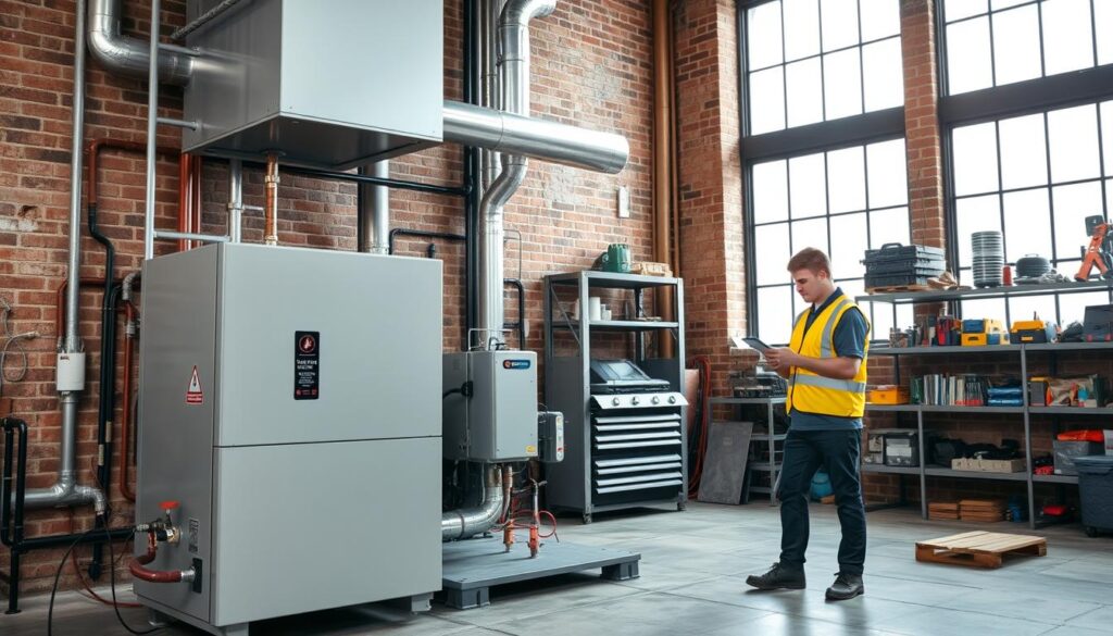 An industrial-style workshop interior with an exposed brick wall, concrete floor, and large windows letting in natural light. In the foreground, a central heating unit and ventilation system components are prominently displayed, with pipes, valves, and control panels visible. In the middle ground, a technician in a safety vest examines the system, using a tablet to monitor performance data. In the background, various HVAC tools and equipment are neatly organized on shelves. The scene conveys a sense of technical expertise, functionality, and attention to detail in the design and maintenance of heating and ventilation systems.